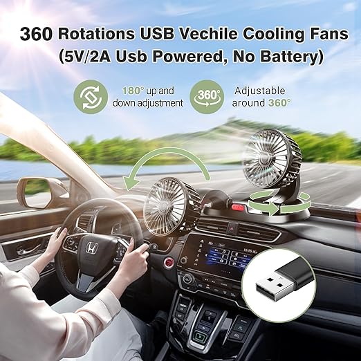 Car Fan Long Neck Double Head Adjustable